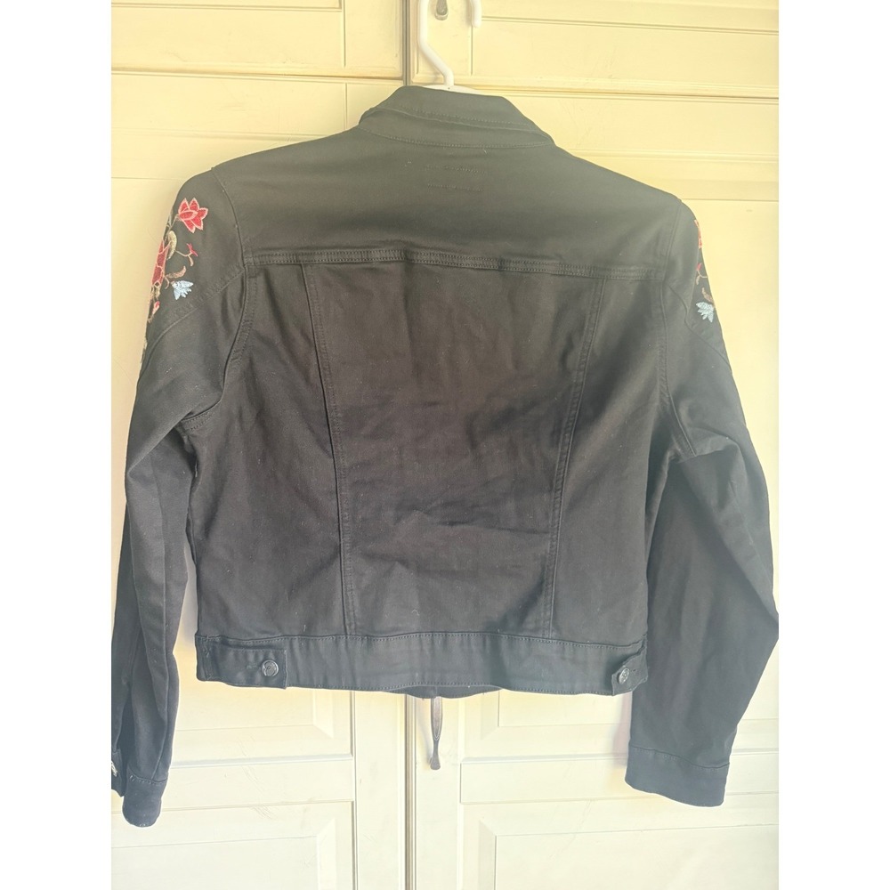 Earl Jean Black Denim Trucker Jacket Floral Embroidered Womens Large L Boho - Picture 6 of 10